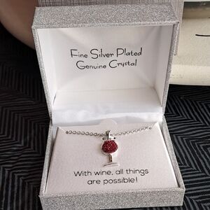 Elegant Silver and Red Wine Glass Necklace with Dazzling Pendant